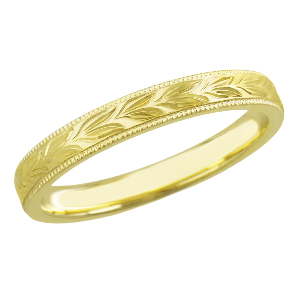 Yellow Gold Vintage Inspired Hand Carved Hawaiian Maile Leaves Wedding Band - 10K, 14K or 18K