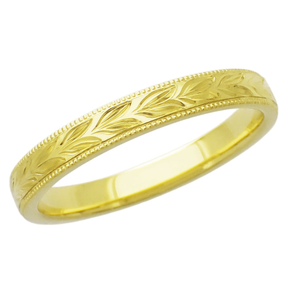 Yellow Gold Vintage Inspired Hand Carved Hawaiian Maile Leaves Wedding Band - 10K, 14K or 18K - Item: R719Y10 - Image: 3
