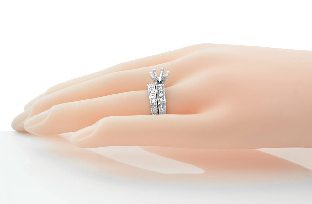 Art Deco White Gold Engraved Scrolls 1/2 Carat Round Diamond Engagement Ring Setting and Wedding Ring - Item: R723W14-LC - Image: 3