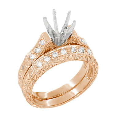 Art Deco Carved Scrolls 1/2 Carat Round Diamond Engagement Ring Setting and Wedding Ring in 14 Karat Rose Gold