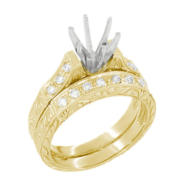 Art Deco Scrolls 1/2 Carat Round Diamond Engagement Ring Mounting and Wedding Ring Bridal Set in 18 or 14 Karat Yellow Gold