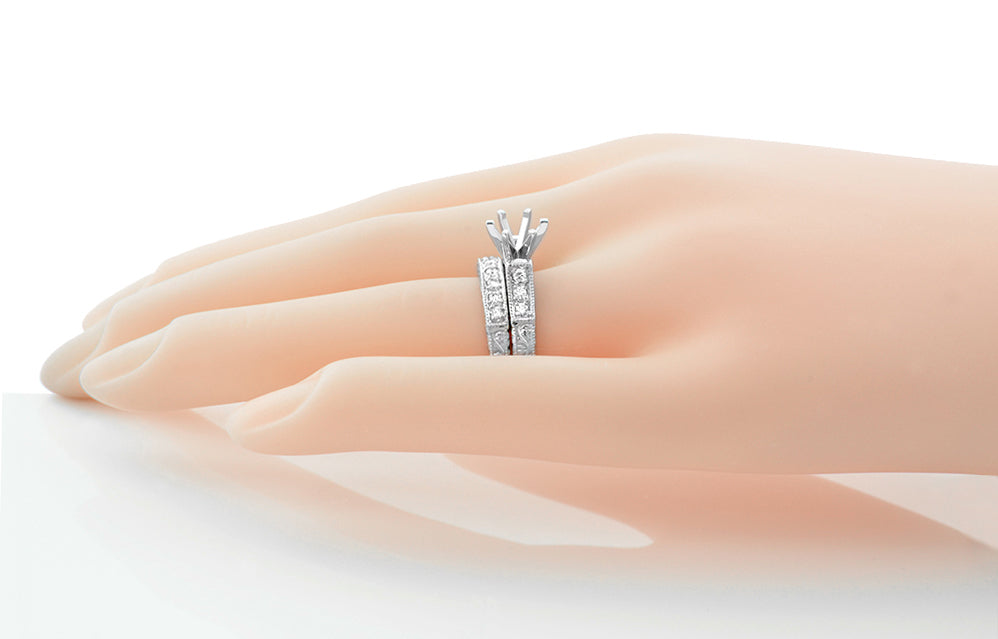 Art Deco Carved Scrolls 3/4 Carat Round Diamond Engagement Ring Setting and Wedding Ring in 14 or 18 Karat White Gold - Item: R724W14-LC - Image: 3