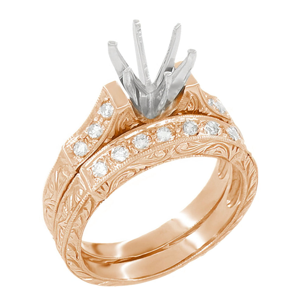 Art Deco Engraved Scrolls 14 Karat Rose Gold 3/4 Carat Diamond Engagement Ring Semimount and Diamond Wedding Ring