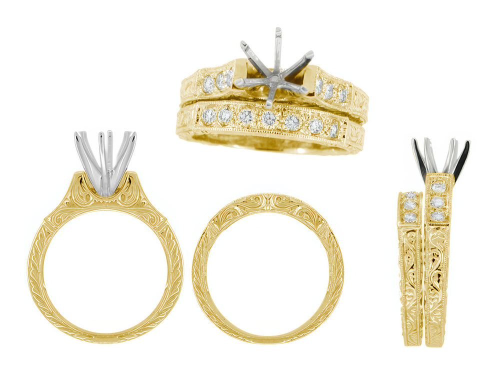 Art Deco 1920s Hand Scroll Engraved Yellow Gold 3/4 Carat Antique Engagement Ring Setting - 6mm Round - 6 Prong - with Matching Straightline Diamond Wedding Ring - R724Y