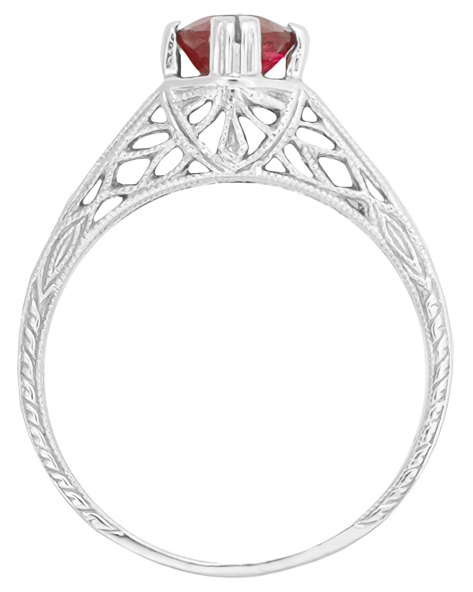 Art Deco Ashford Filigree Ruby Birthstone Engagement Ring in 14 Karat White Gold - Item: R795WRU - Image: 4