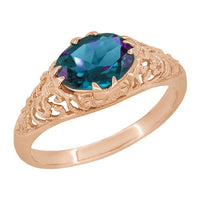Rose Gold East-to-West Solitaire Alexandrite Engagement Ring - Edwardian Vintage Style with Fleur-De-Lys Filigree