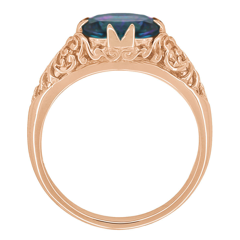 Rose Gold East-to-West Solitaire Alexandrite Engagement Ring - Edwardian Vintage Style with Fleur-De-Lys Filigree - Item: R799RAL - Image: 5