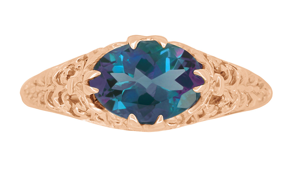 Rose Gold East-to-West Solitaire Alexandrite Engagement Ring - Edwardian Vintage Style with Fleur-De-Lys Filigree - Item: R799RAL - Image: 4
