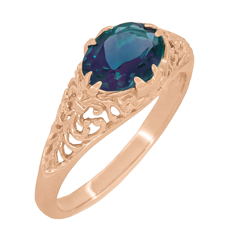 Rose Gold East-to-West Solitaire Alexandrite Engagement Ring - Edwardian Vintage Style with Fleur-De-Lys Filigree - Item: R799RAL - Image: 2