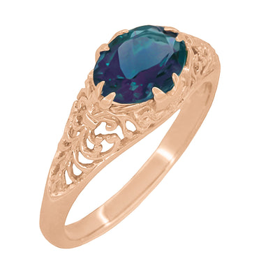 Rose Gold East-to-West Solitaire Alexandrite Engagement Ring - Edwardian Vintage Style with Fleur-De-Lys Filigree - alternate view