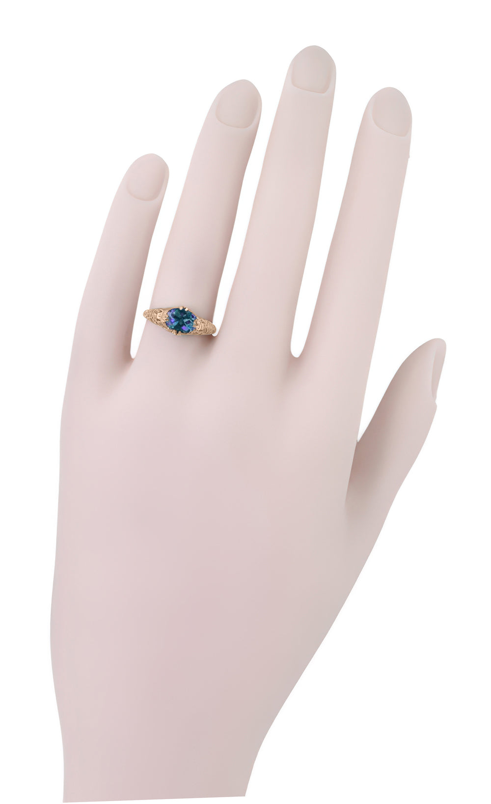 Rose Gold East-to-West Solitaire Alexandrite Engagement Ring - Edwardian Vintage Style with Fleur-De-Lys Filigree - Item: R799RAL - Image: 6