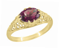 Yellow Gold Edwardian East West Oval Rhodolite Garnet Filigree Engagement Ring