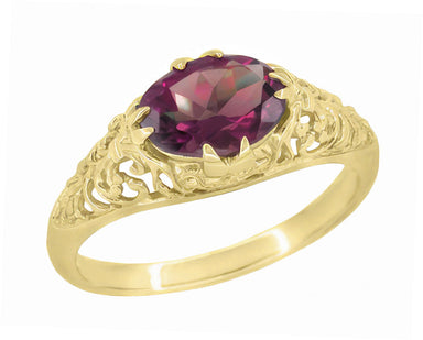 Yellow Gold Edwardian East West Oval Rhodolite Garnet Filigree Engagement Ring