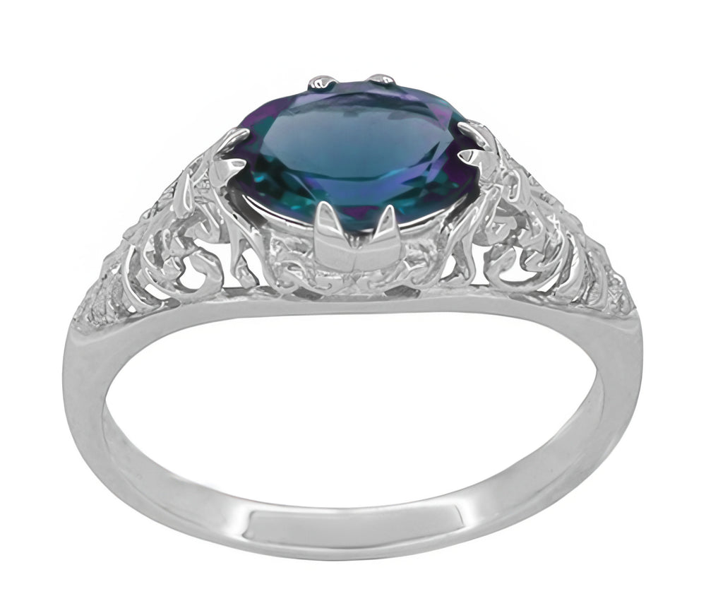 Edwardian Filigree Lab Created Alexandrite Engagement Ring in White Gold with Claw Prong Setting East to West - Item: R799WAL - Image: 4