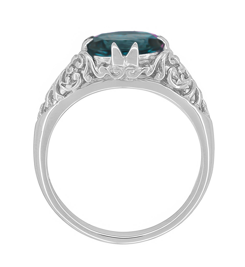 Edwardian Filigree Lab Created Alexandrite Engagement Ring in White Gold with Claw Prong Setting East to West - Item: R799WAL - Image: 3