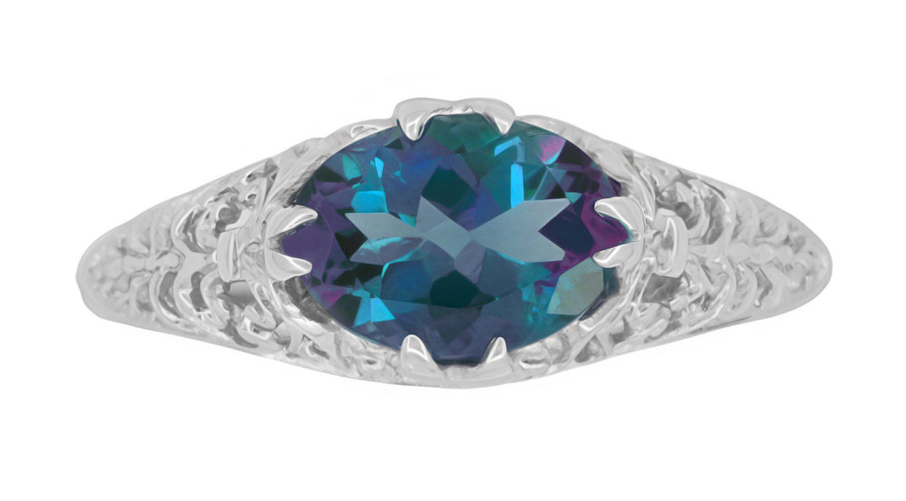 Edwardian Filigree Lab Created Alexandrite Engagement Ring in White Gold with Claw Prong Setting East to West - Item: R799WAL - Image: 5