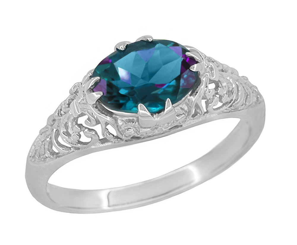 Edwardian Filigree Lab Created Alexandrite Engagement Ring in White Gold with Claw Prong Setting East to West