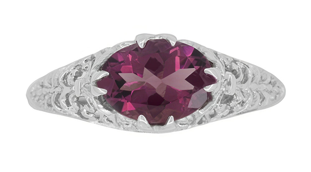 East to West Rhodolite Garnet Ring - Vintage Filigree Garnet Engagement Ring in White Gold Oval Garnet - R799WRG