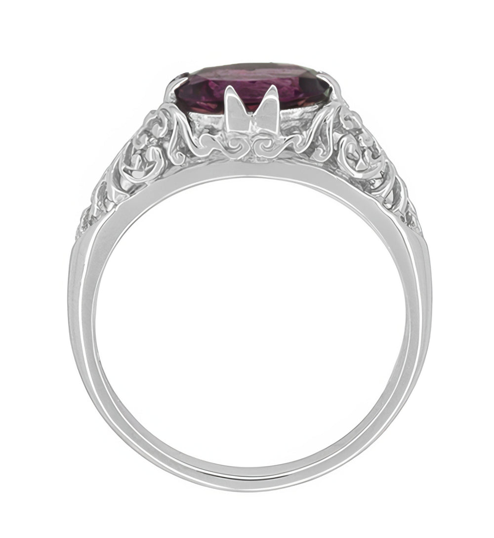 Edwardian East West Oval Rhodolite Garnet Filigree Engagement Ring in White Gold - 14K or 18K - Item: R799WRG - Image: 4
