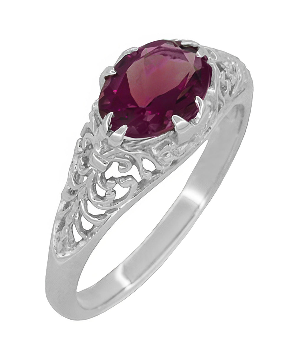Edwardian East West Oval Rhodolite Garnet Filigree Engagement Ring in White Gold - 14K or 18K - Item: R799WRG - Image: 2