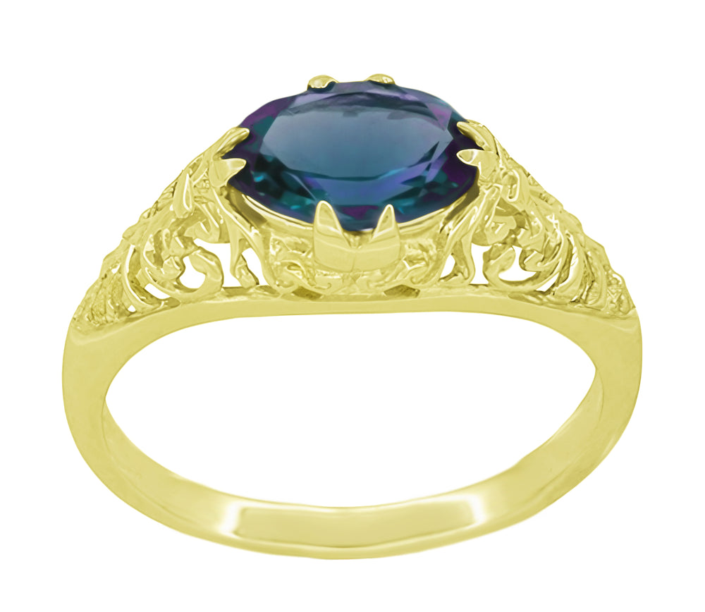 Edwardian Yellow Gold East-to-West Alexandrite Engagement Ring - Antique Inspired Fleur-De-Lys Filigree Design - Item: R799YAL - Image: 3