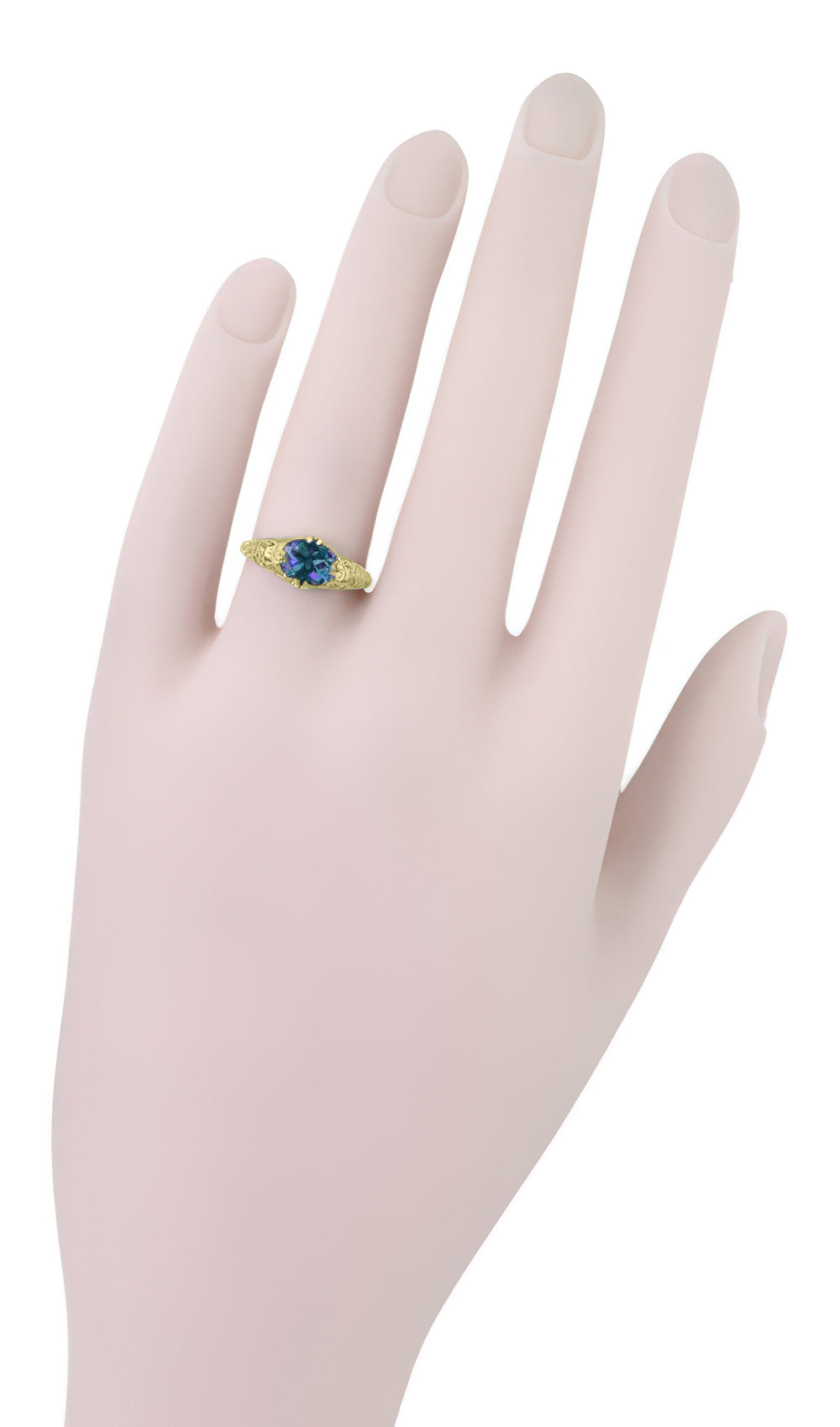 Edwardian Yellow Gold East-to-West Alexandrite Engagement Ring - Antique Inspired Fleur-De-Lys Filigree Design - Item: R799YAL - Image: 6