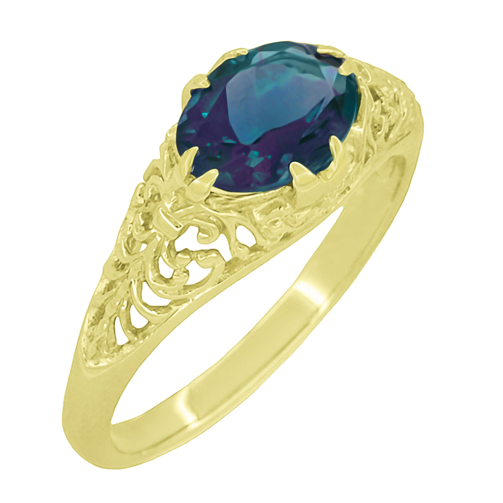 Edwardian Yellow Gold East-to-West Alexandrite Engagement Ring - Antique Inspired Fleur-De-Lys Filigree Design - Item: R799YAL - Image: 2
