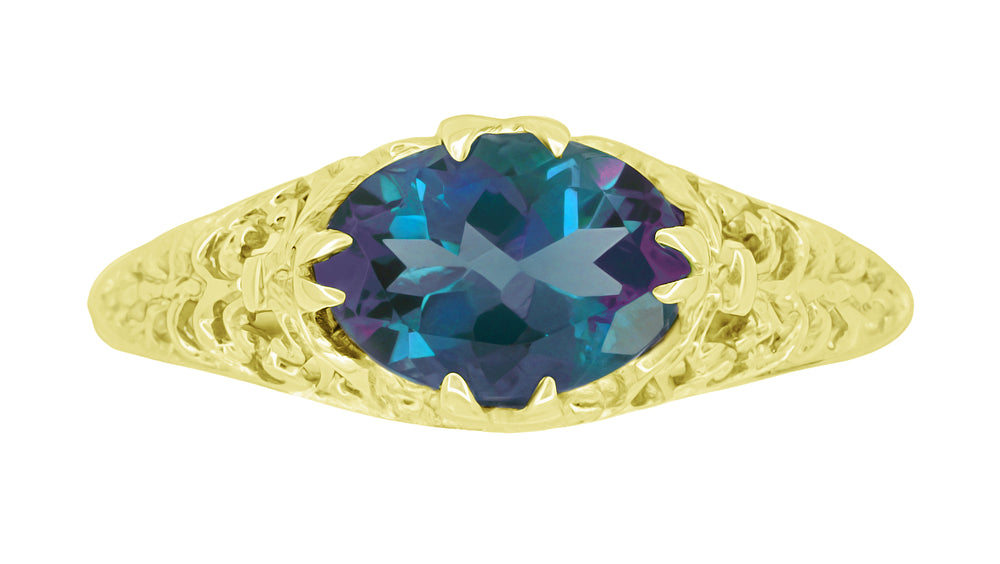 Edwardian Yellow Gold East-to-West Alexandrite Engagement Ring - Antique Inspired Fleur-De-Lys Filigree Design - Item: R799YAL - Image: 5