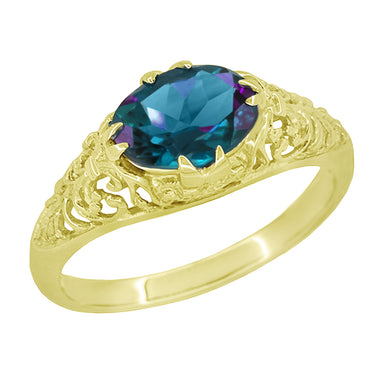 Edwardian Yellow Gold East-to-West Alexandrite Engagement Ring - Antique Inspired Fleur-De-Lys Filigree Design