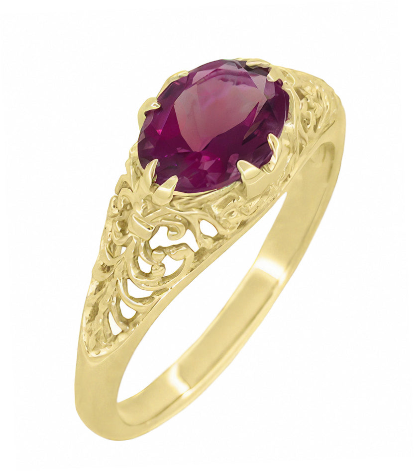 Yellow Gold Edwardian East West Oval Rhodolite Garnet Filigree Engagement Ring - Item: R799YRG - Image: 4
