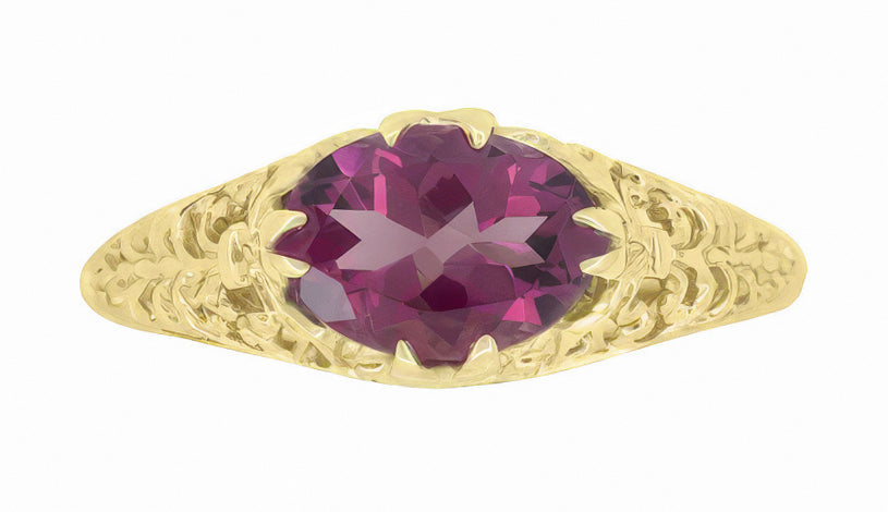 Yellow Gold Edwardian East West Oval Rhodolite Garnet Filigree Engagement Ring - Item: R799YRG - Image: 3