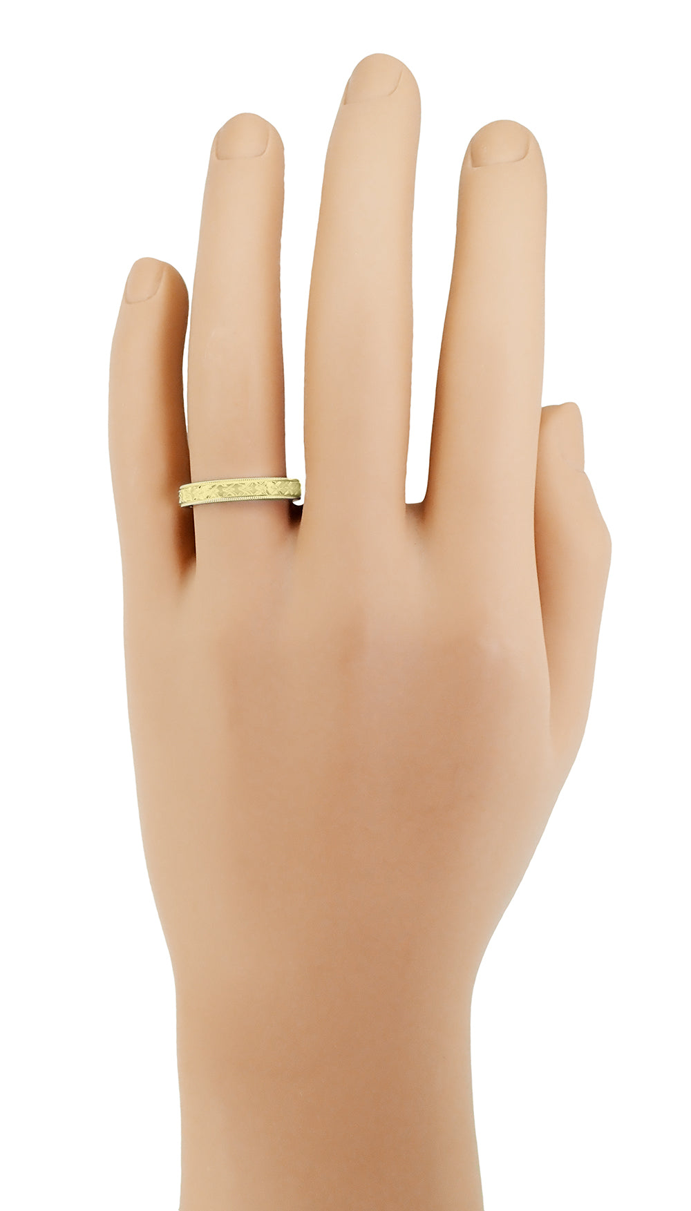 R803Y on Mans Hand - Yellow Gold 1950's Mid Century Modern Carved Chevrons Vintage Wedding Ring 4mm Wide