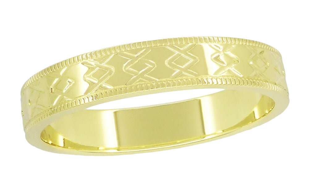 Yellow Gold Mid Century Modern Wedding Band - Vintage Engraved - 18K or 14K - R803Y