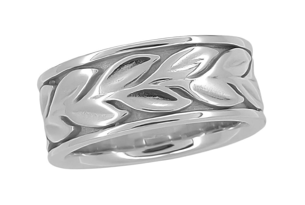 Vintage Engraved Eternity Vine Leaves Heavy 8mm Wide Wedding Band in 14K White Gold - Item: R805 - Image: 2