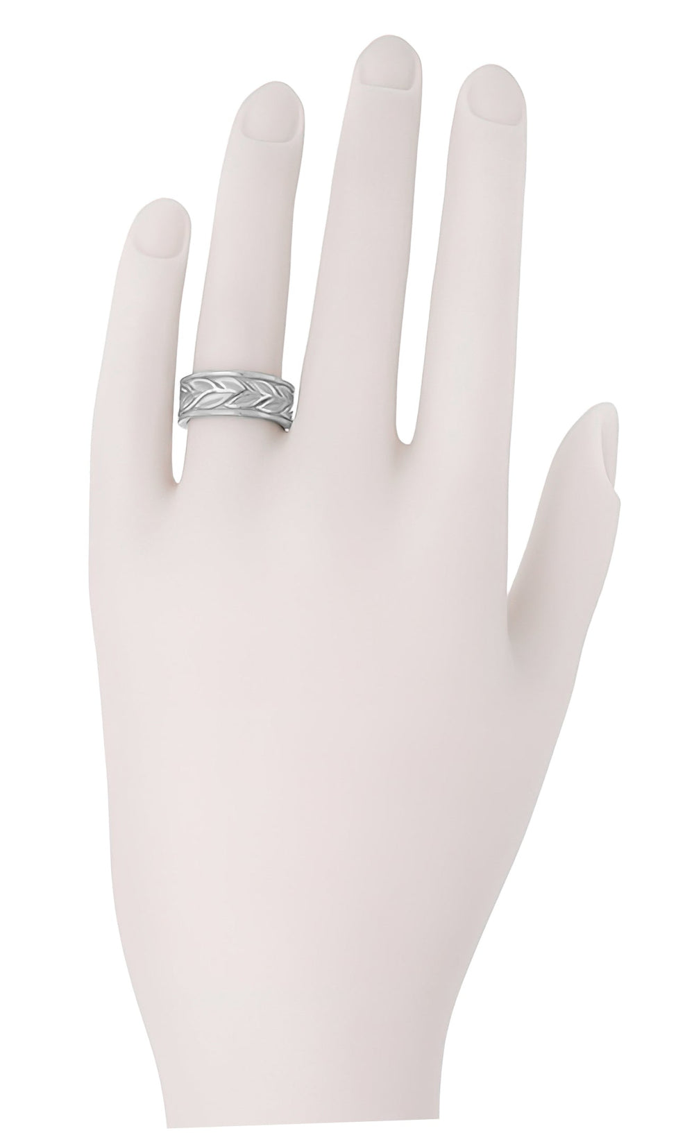Vintage Engraved Eternity Vine Leaves Heavy 8mm Wide Wedding Band in 14K White Gold - Item: R805 - Image: 4