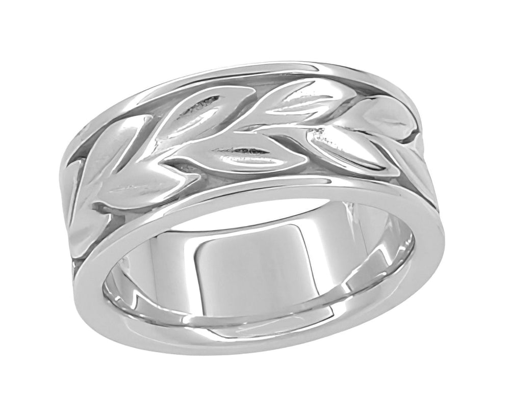 Vintage Engraved Eternity Vine Leaves Heavy 8mm Wide Wedding Band in 14K White Gold