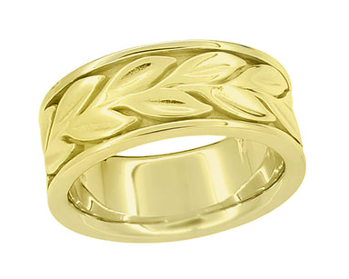 Art Nouveau Vintage Style Sculptural Vine Leaves 8mm Wide Wedding Band in 14 Karat Yellow Gold