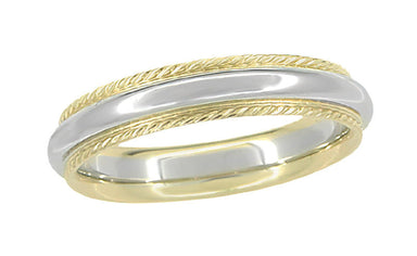 Rope Edge Wedding Band with Yellow Gold Twisted Rope Edge and White Gold Center - 4mm Wide Two-Tone Mixed Metals 14K Twisted Rope Vintage Wedding Ring - R808
