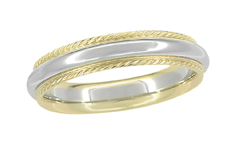 Rope Edge Wedding Band with Yellow Gold Twisted Rope Edge and White Gold Center - 4mm Wide Two-Tone Mixed Metals 14K Twisted Rope Vintage Wedding Ring - R808