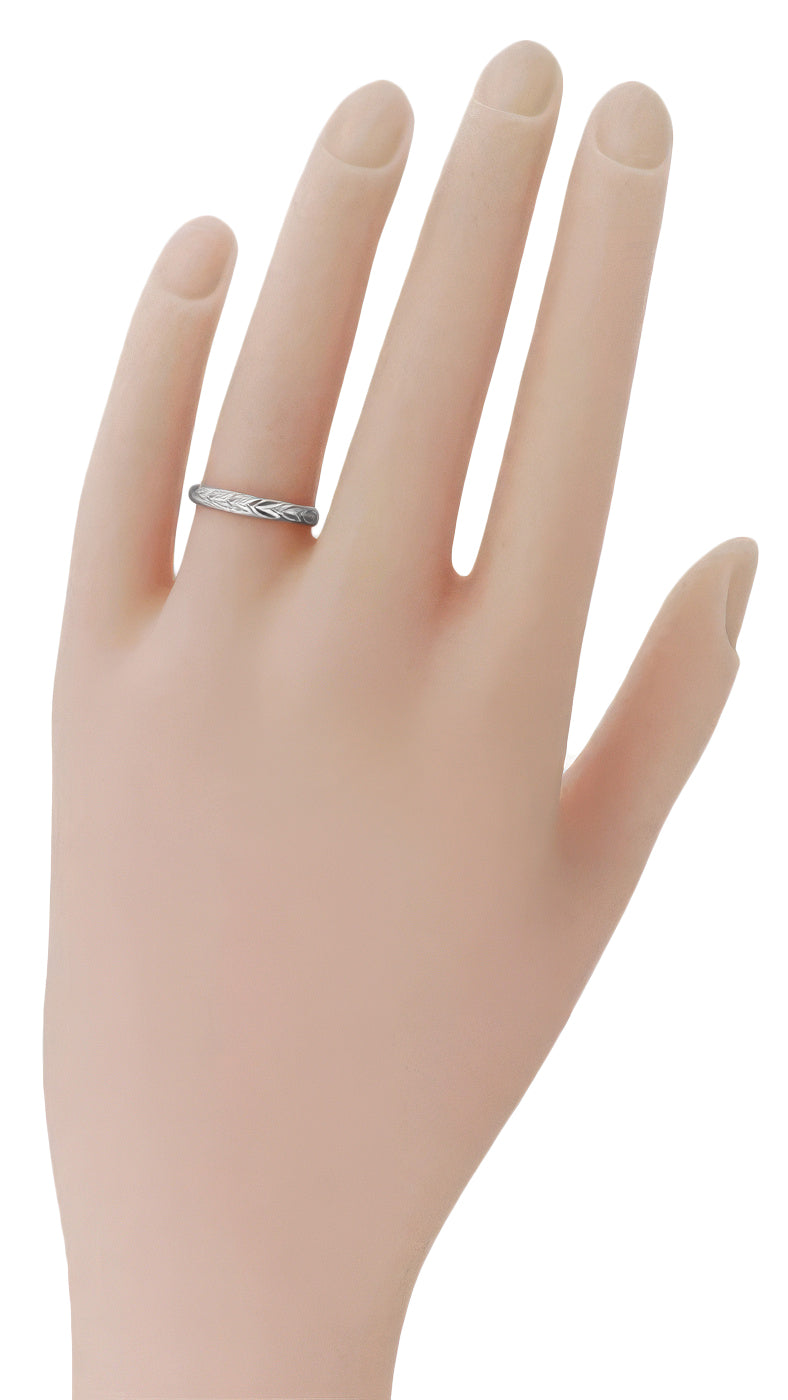 Art Deco Vine of Maile Leaves Sculptural Wedding Band in White Gold - 3mm Wide - Item: R819W10 - Image: 3