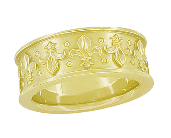 Yellow Gold Sculptural Antique Style Fleur-de-Lis Wedding Band - 8mm Wide