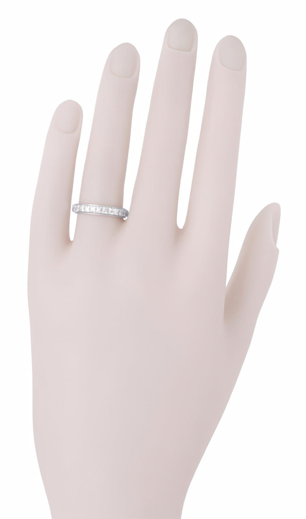 Art Deco Square Flowers Millgrain Edged Antique Reissue Wedding Band in White Gold - 3.5mm Wide - Item: R853W10 - Image: 3