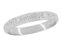 Art Deco Square Flowers Millgrain Edged Antique Reissue Wedding Band in White Gold - 3.5mm Wide