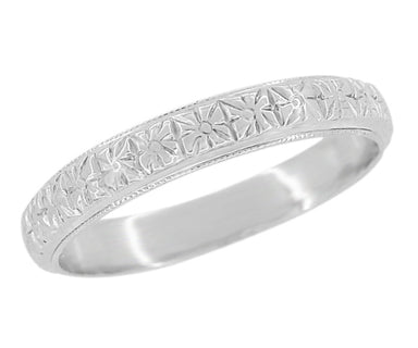 Antique Style 1920's Art Deco Square Flowers Platinum Wedding Ring - 3.5mm Wide