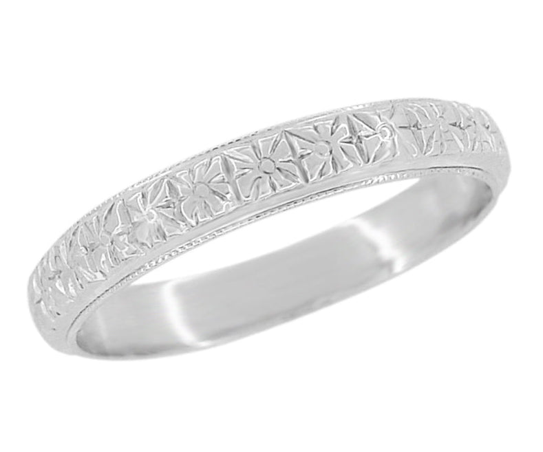 Antique Style 1920's Art Deco Square Flowers Platinum Wedding Ring - 3.5mm Wide