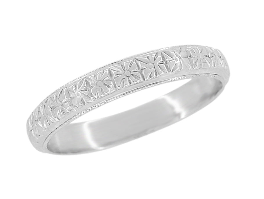 Antique Style 1920's Art Deco Square Flowers Platinum Wedding Ring - 3.5mm Wide
