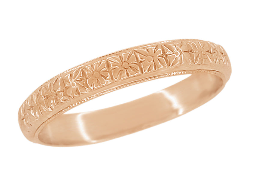 Rose Gold 1920s Art Deco Square Flowers Vintage Style Wedding Ring - 3.5mm Wide