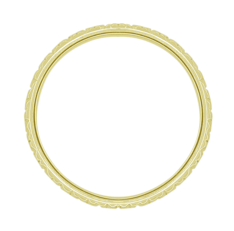 Art Deco Carved Square Flowers Wedding Ring in Yellow Gold - 3.5mm Wide Vintage Reissue Band - Item: R853Y10 - Image: 2