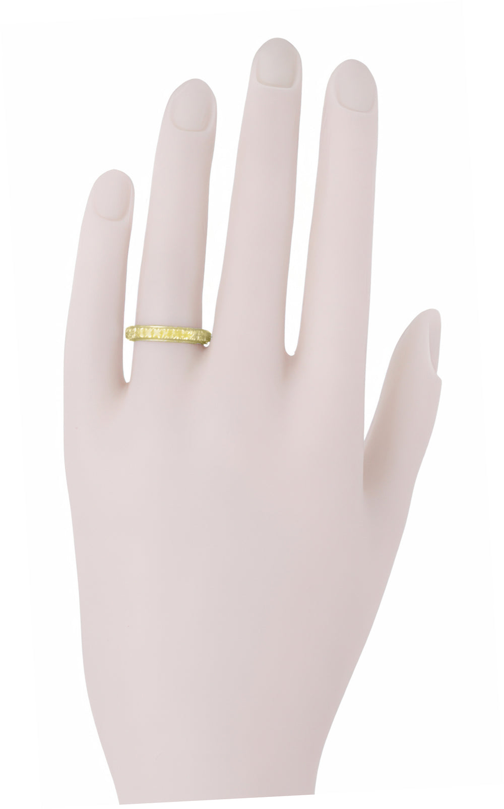 Art Deco Carved Square Flowers Wedding Ring in Yellow Gold - 3.5mm Wide Vintage Reissue Band - Item: R853Y10 - Image: 3