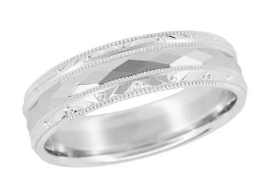 1950s Mid Century Modern Design Kaleidoscope & Chevrons Platinum Wedding Band - 6mm Wide